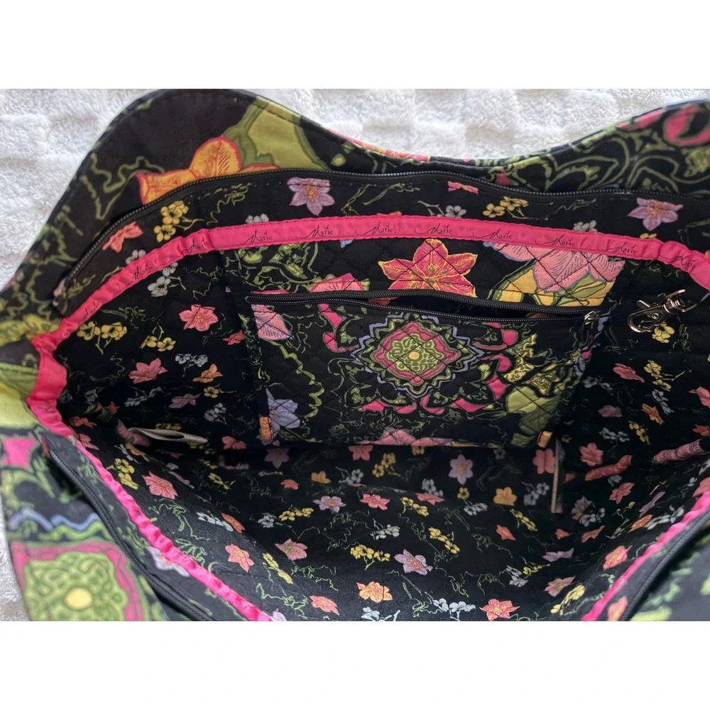 Marie by Giftcraft Quilted Floral Tote Bag Black/Pink/Green Shoulder Bag LG EUC